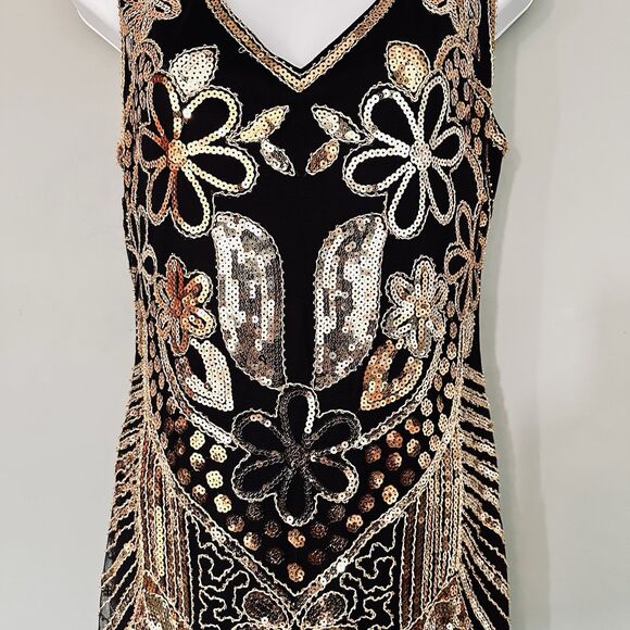 Retro Flapper Dress L Sequin Showgirl Black Fringe Roaring 20s Gatsby Burlesque - Picture 4 of 12